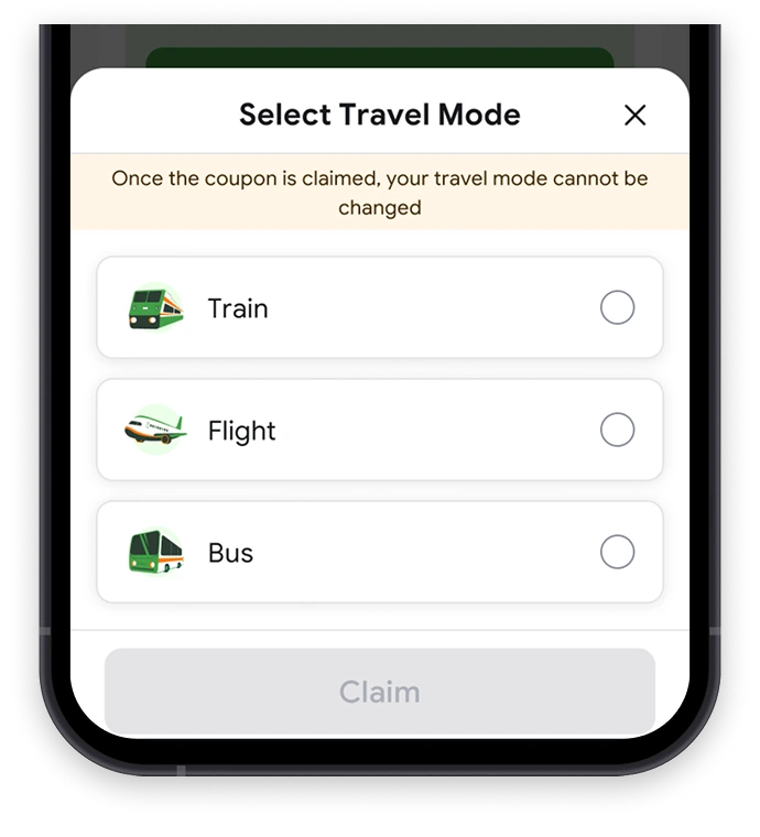 Select a travel mode to claim your Alternate Travel Plan coupon.